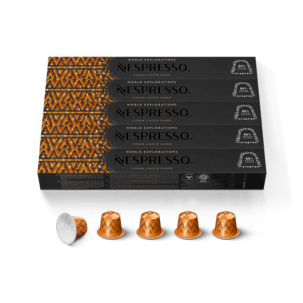 Nespresso Vienna Linizio front packaging showing 50-count and orange capsule benefit freshness