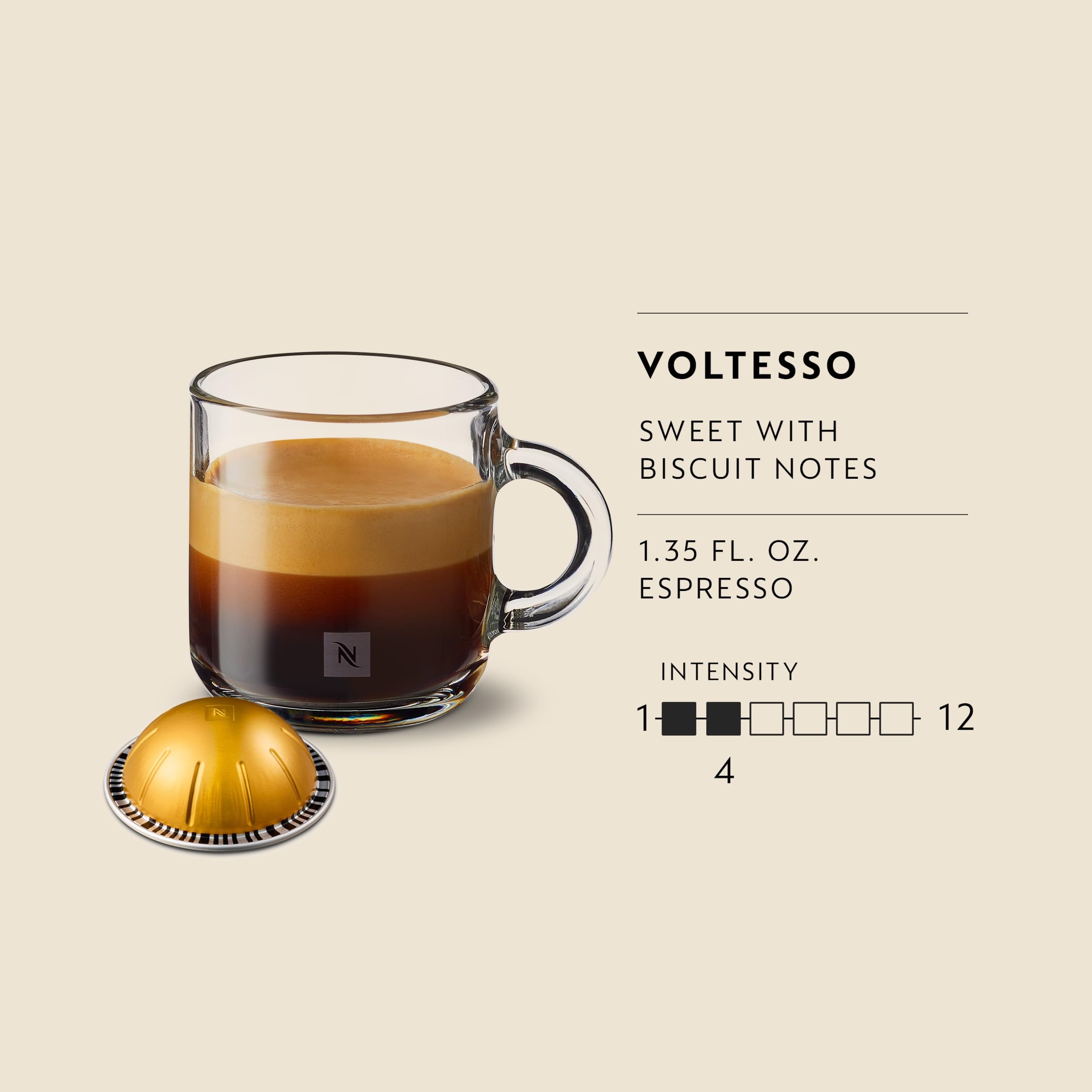 Nespresso Voltesso espresso top-down showing crema and biscuity scent benefit