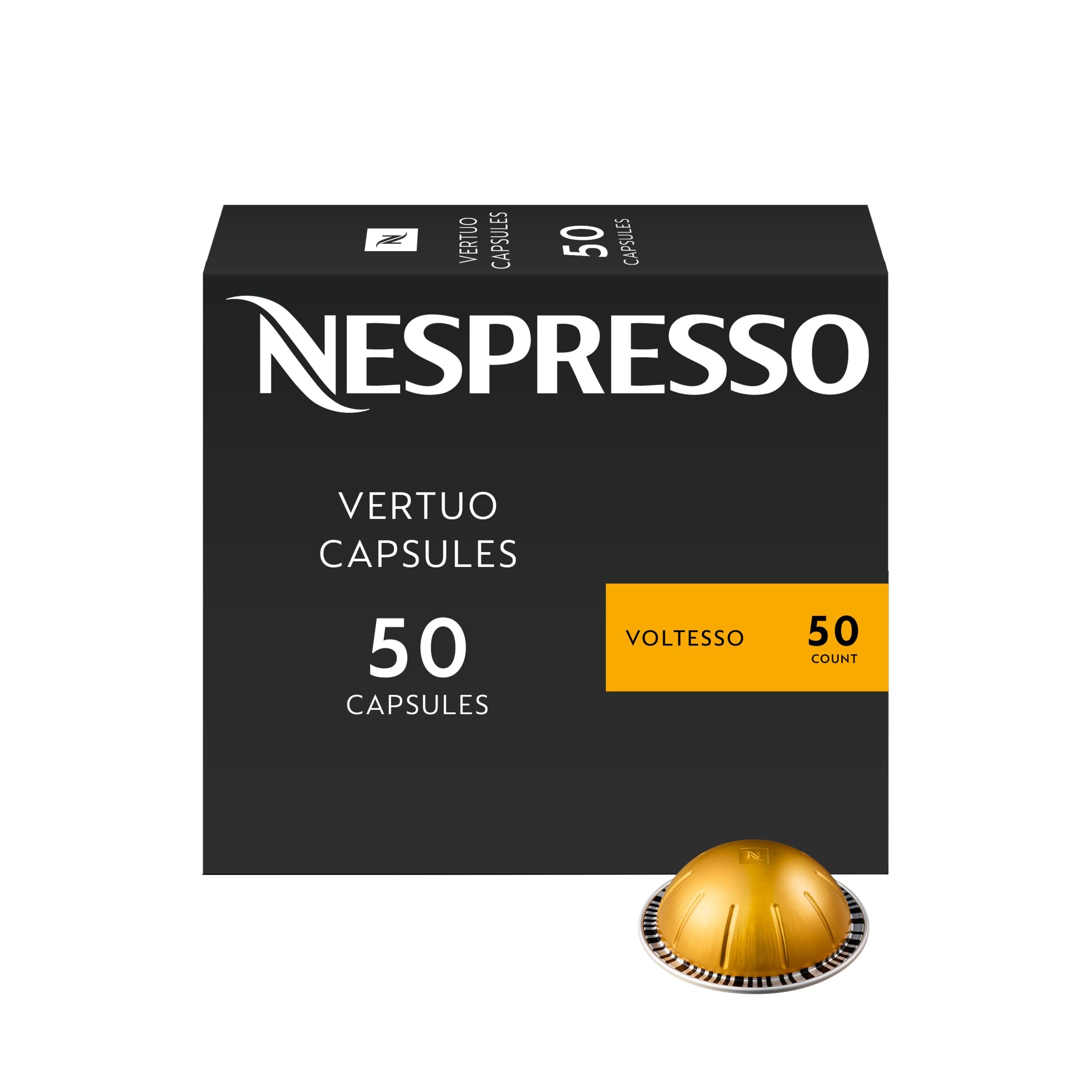 Nespresso Voltesso front box showing 50 capsules and fresh aroma benefit