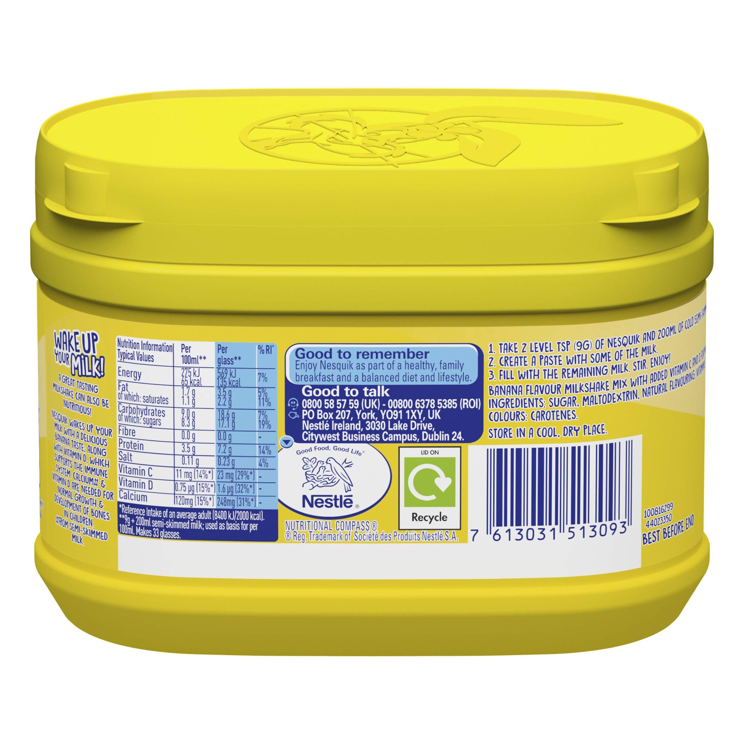 Five Nesquik jars arranged to show the pack quantity and family supply benefit