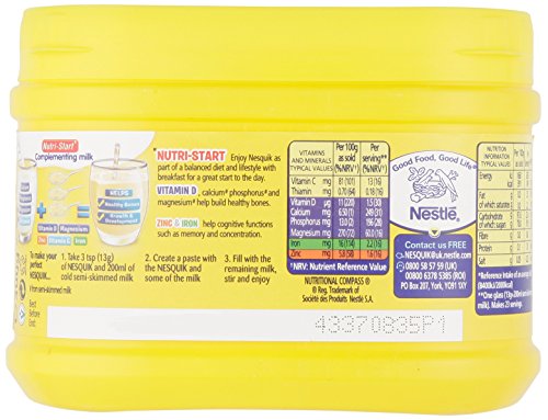 Nesquik jar beside measuring scoop to show serving size and portion guidance