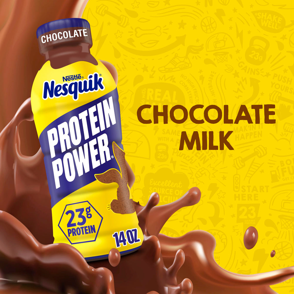 Nesquik bottle close-up highlighting texture and chocolate color