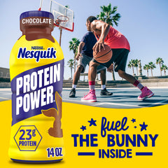 Hand holding Nesquik bottle showing portable 14 fl oz size