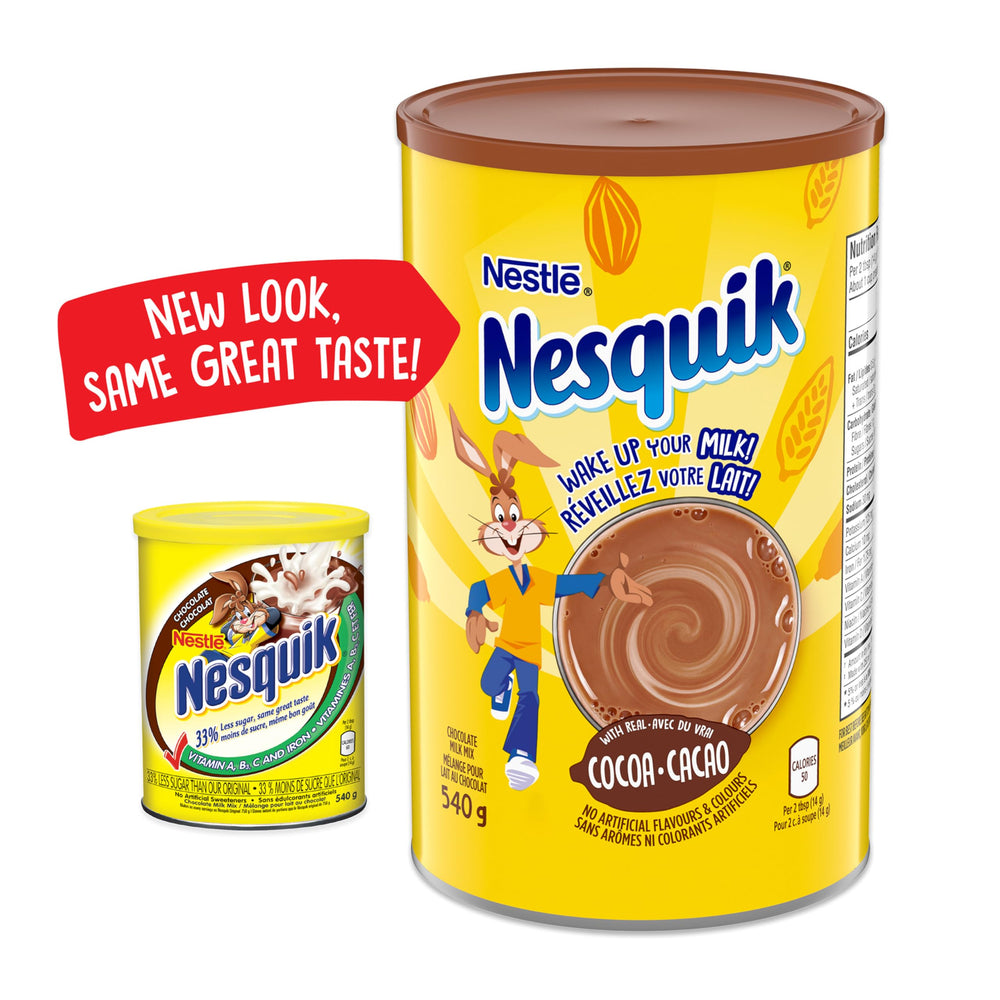 Canister beside a ruler showing Nesquik 540g size for scale reference