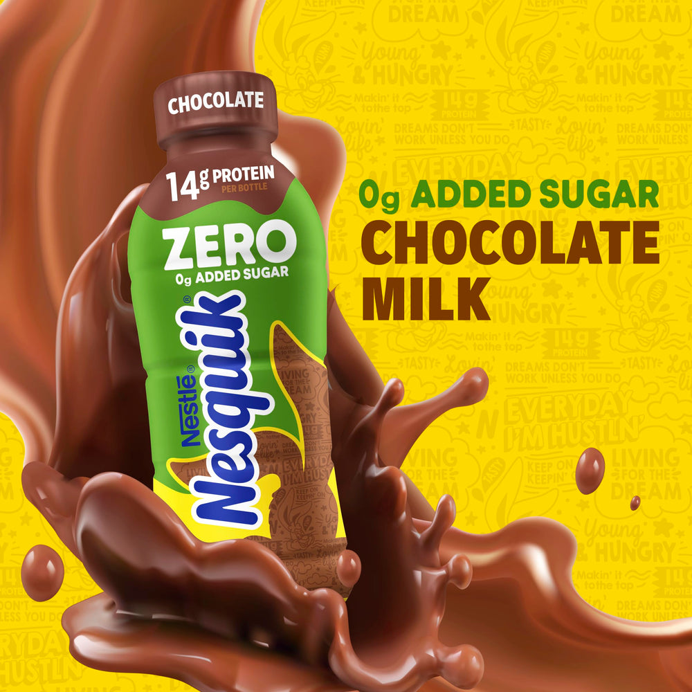 Close-up of Nesquik label highlighting nutritional facts and benefits