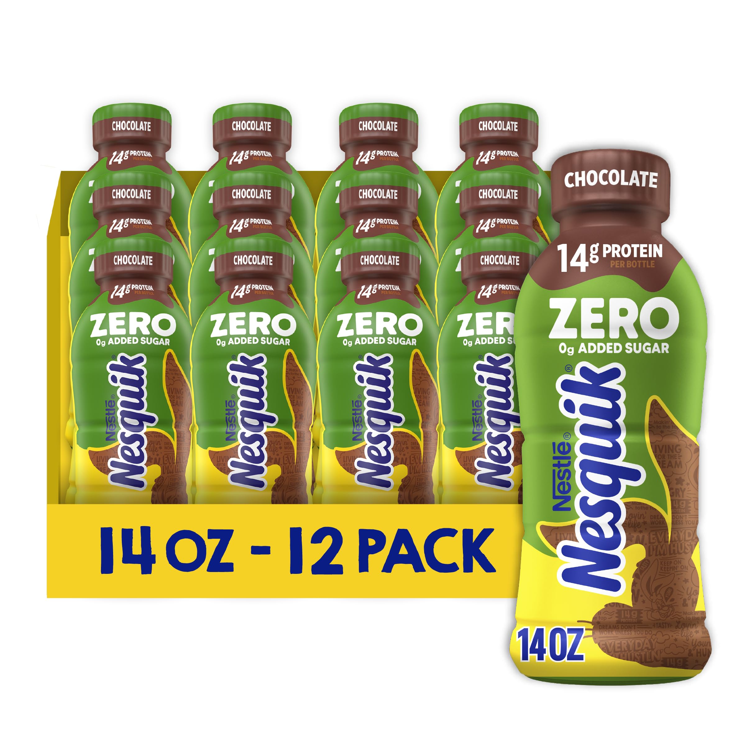 Nesquik bottle front packaging showing zero sugar and protein benefit