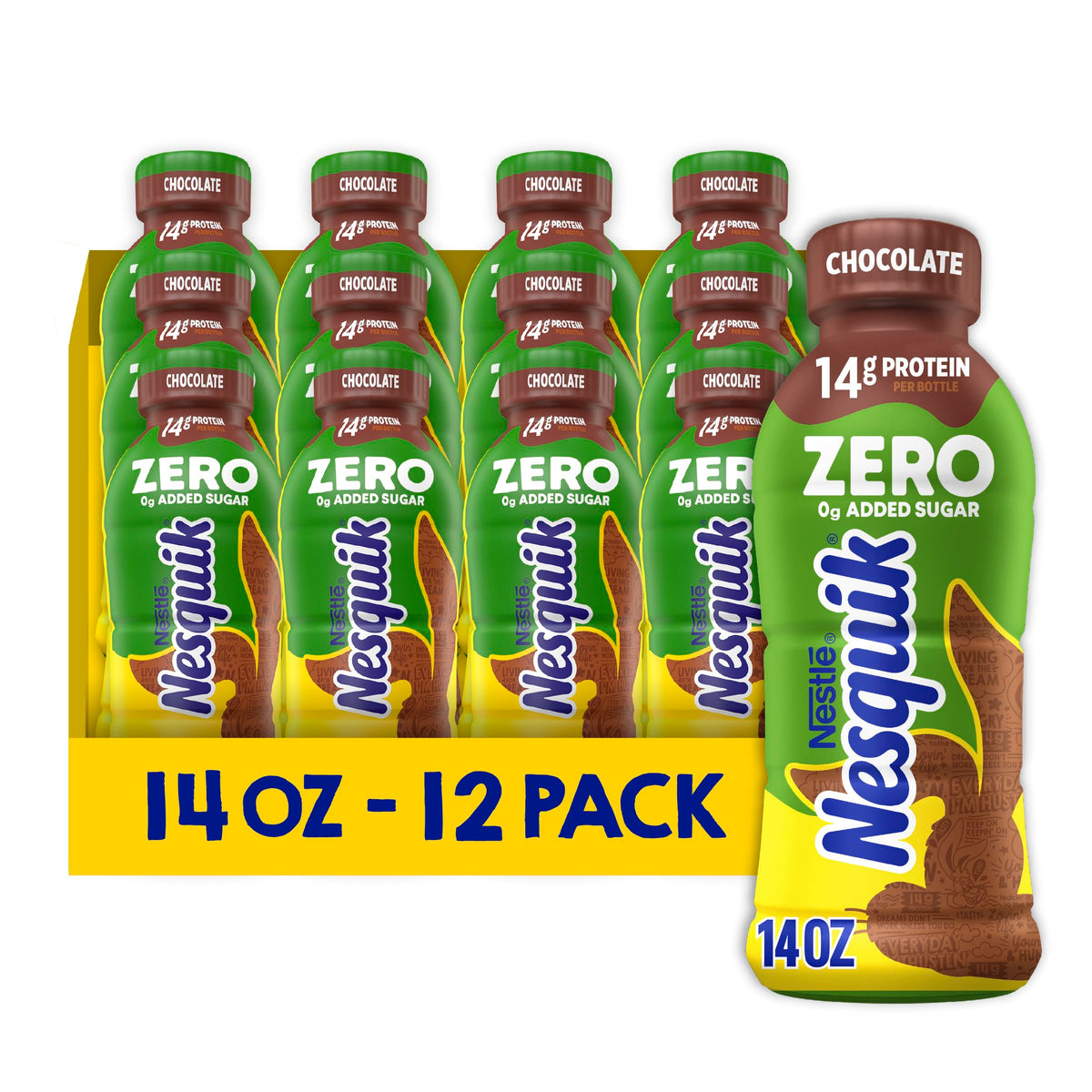 Nesquik bottle front packaging showing zero sugar and protein benefit