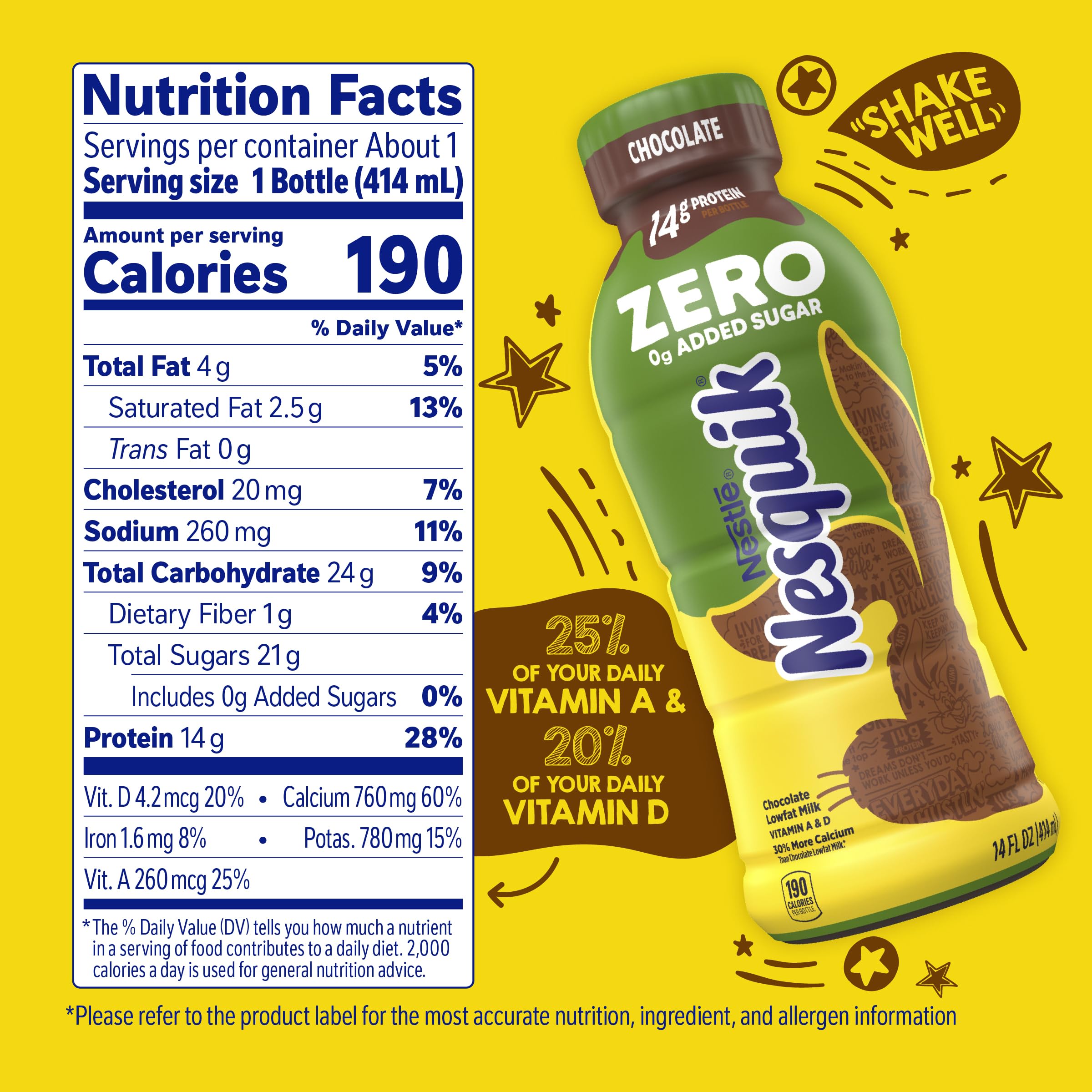 Nesquik bottle beside phone illustrating 14 fl oz size and convenience