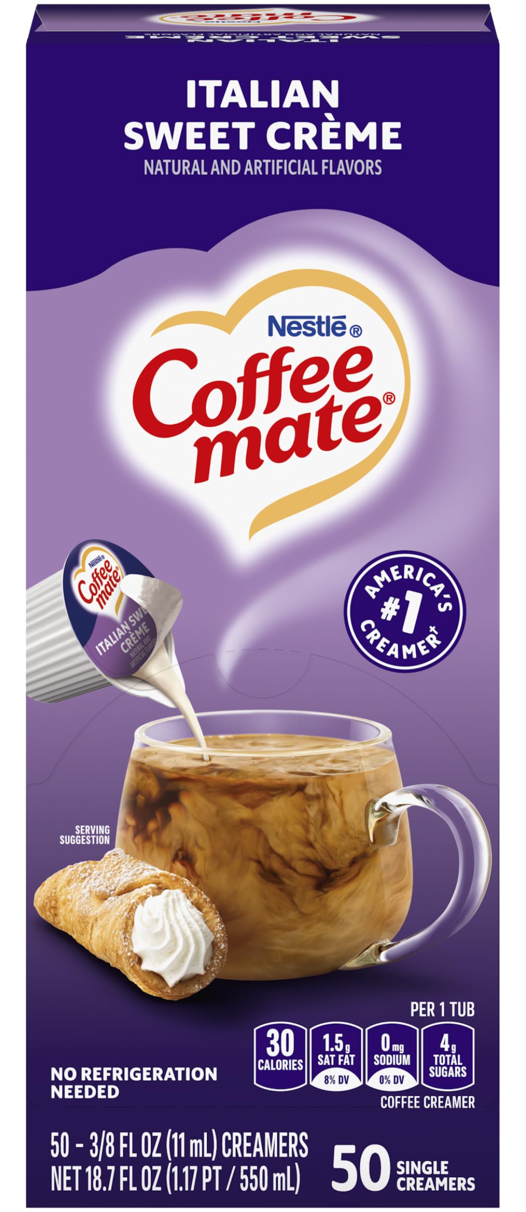 Nestle Coffee mate front packaging showing 50-count box and convenience