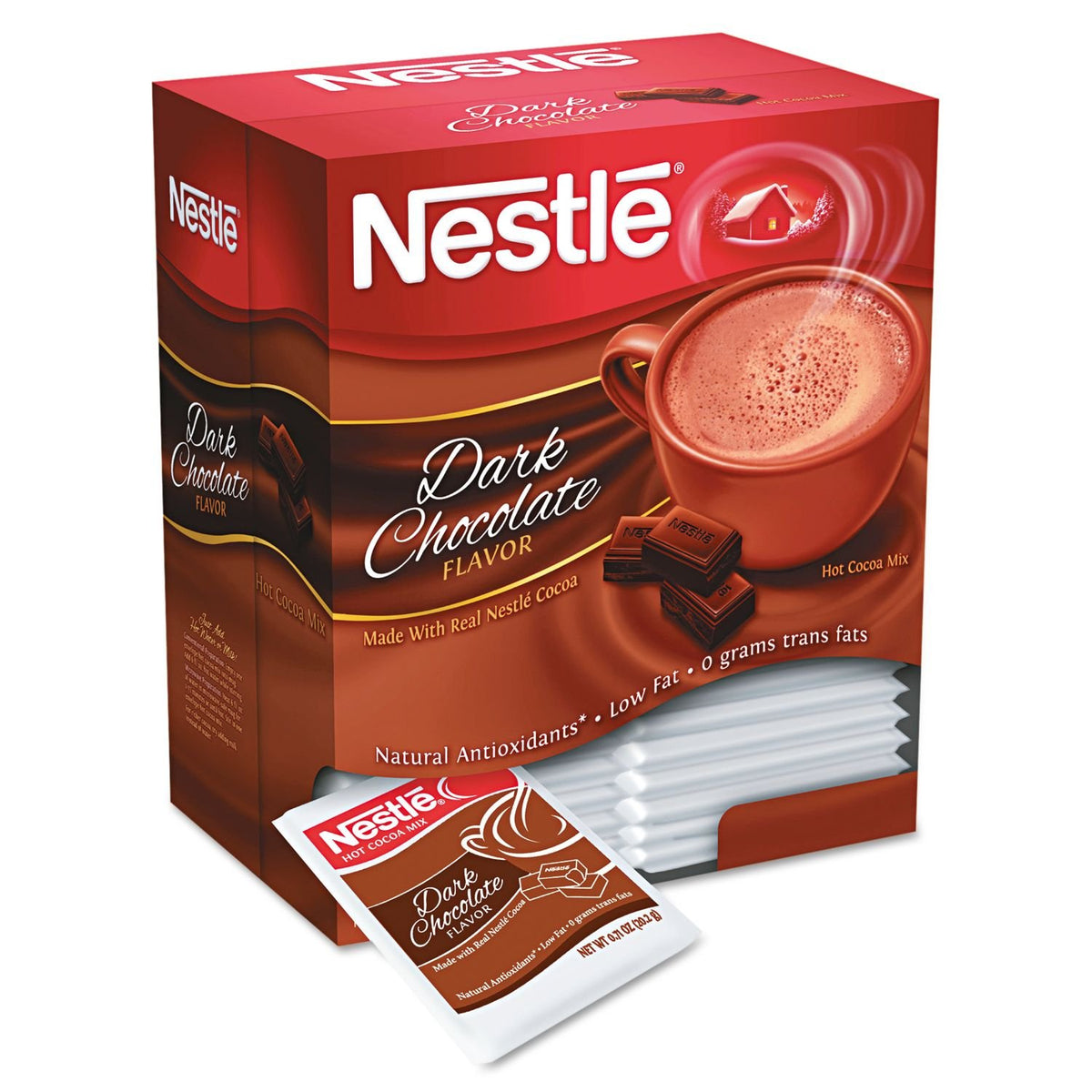 Nestle front packaging showing 50 single-serve packets and rich dark chocolate benefit