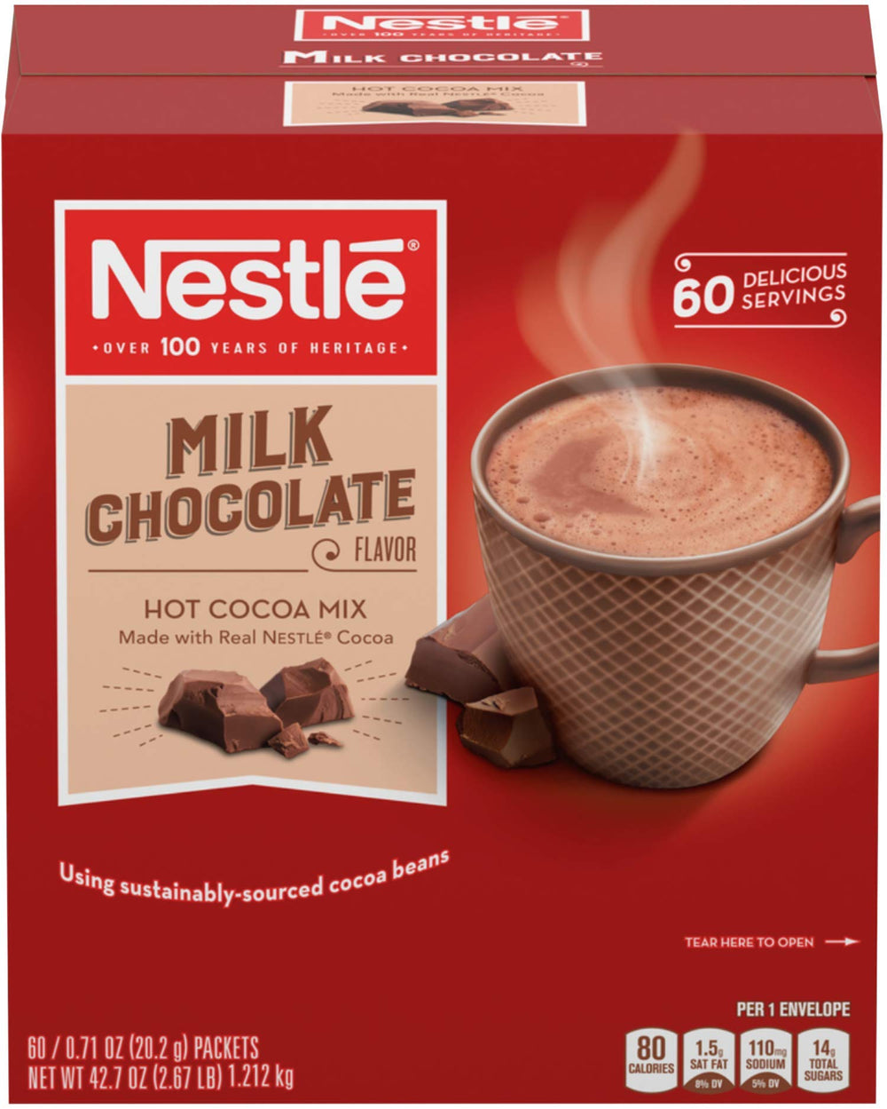 Nestle Hot Cocoa front packaging showing 60-count box and branding benefits