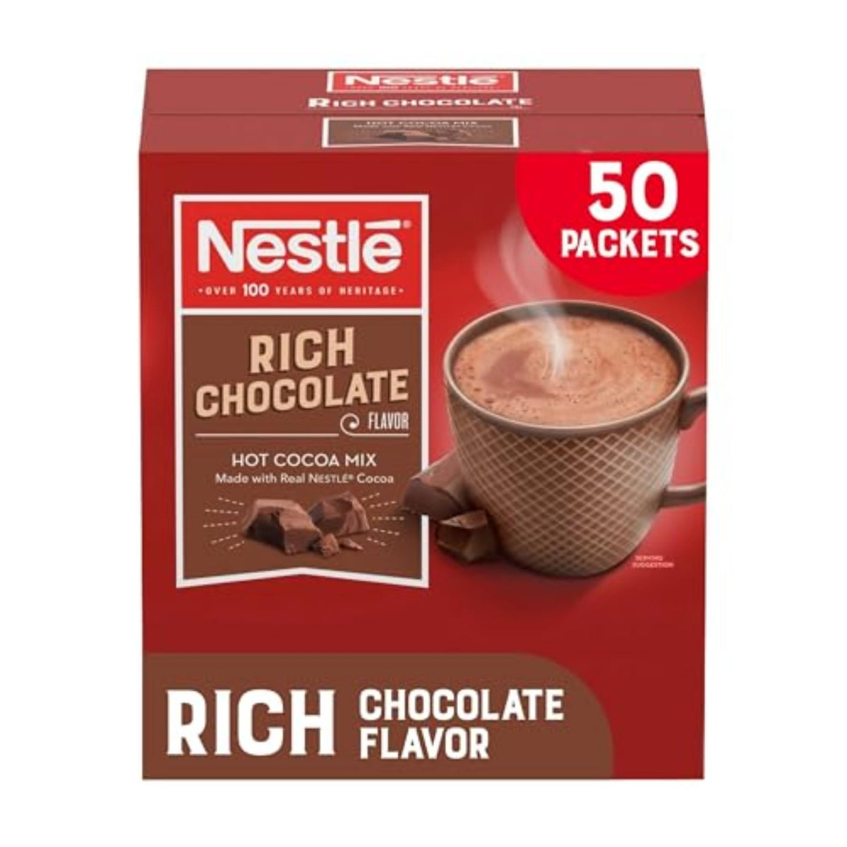 Nestle Hot Cocoa front packet showing branding and rich chocolate appeal