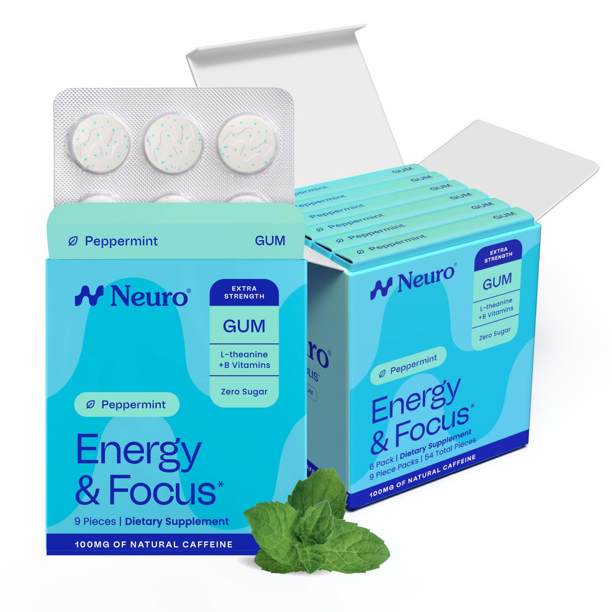 Neuro gum front packaging showing peppermint tin and benefit of quick energy