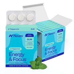 Neuro gum front packaging showing peppermint tin and benefit of quick energy