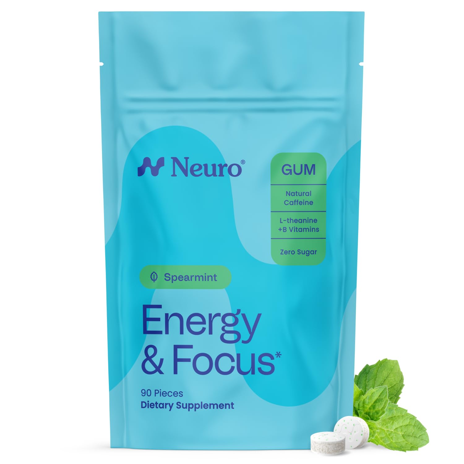 Neuro spearmint front packaging showing 90-count for grab-and-go energy