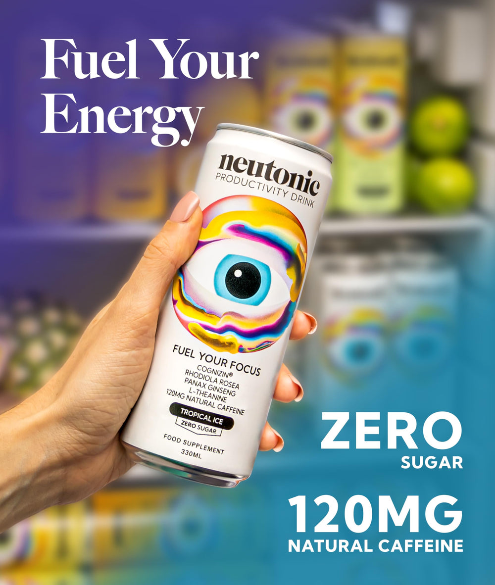 Neutonic 12-can multipack arranged to show supply and convenience benefit