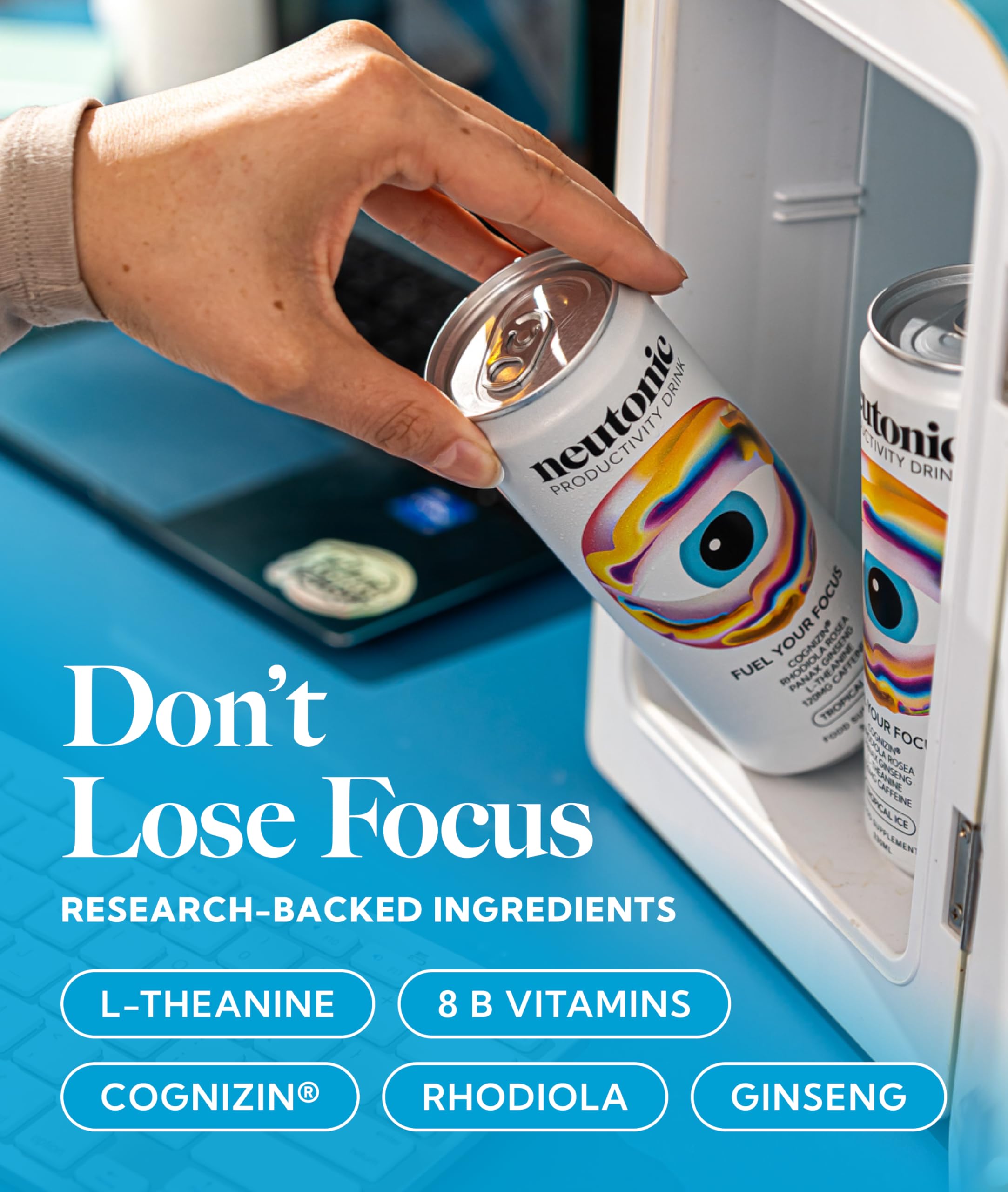 Neutonic close-up label detail highlighting ingredients and easy identification benefit