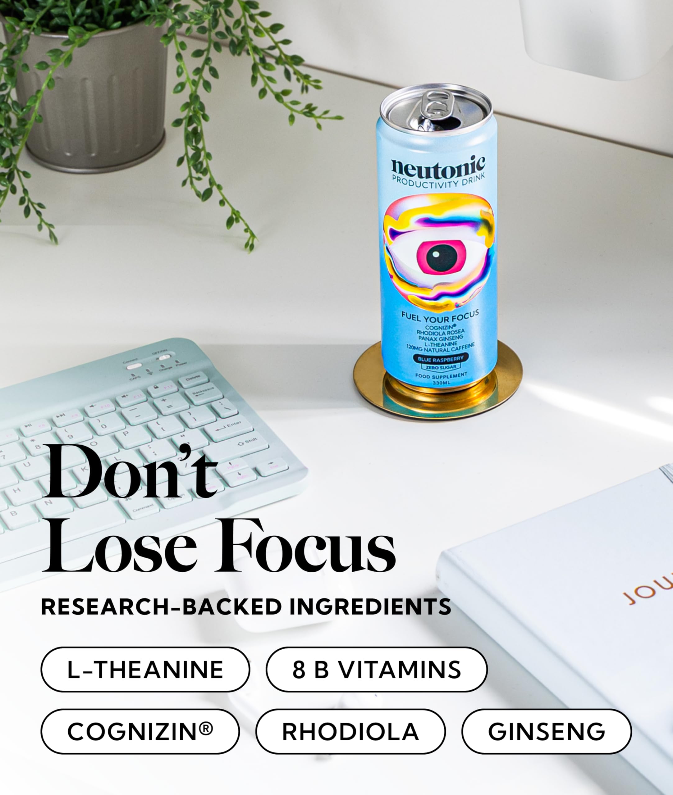 Neutonic close-up of can texture and label highlighting clear ingredients