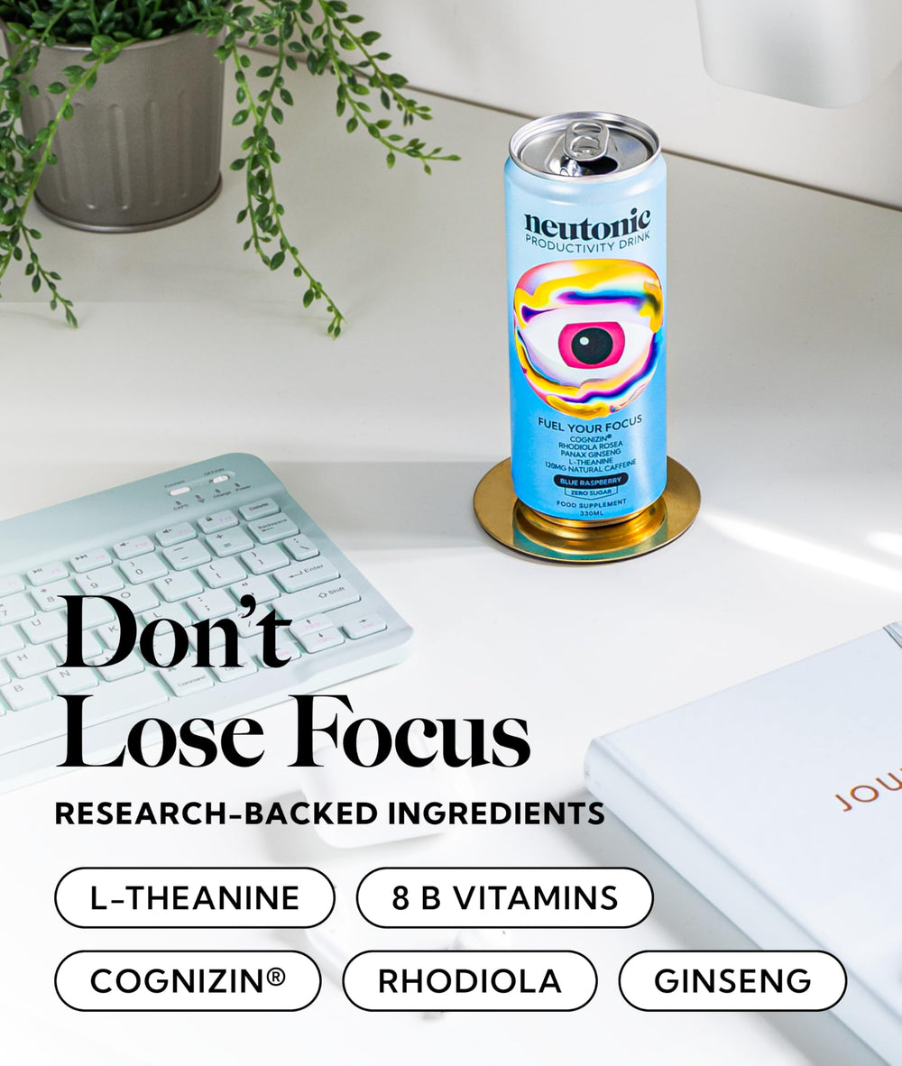 Neutonic close-up of can texture and label highlighting clear ingredients