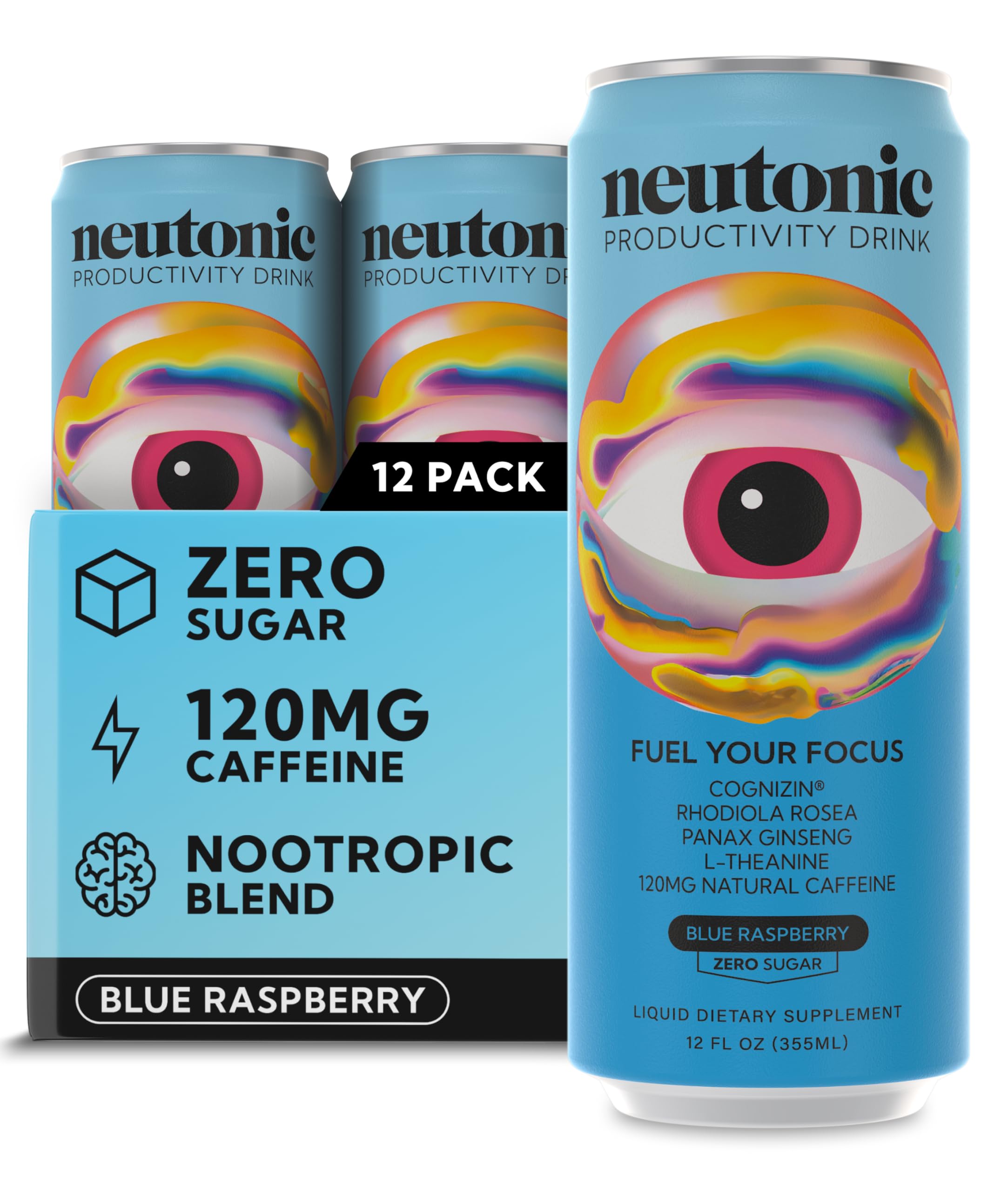 Neutonic front pack Blue Raspberry showing label and benefit of focus
