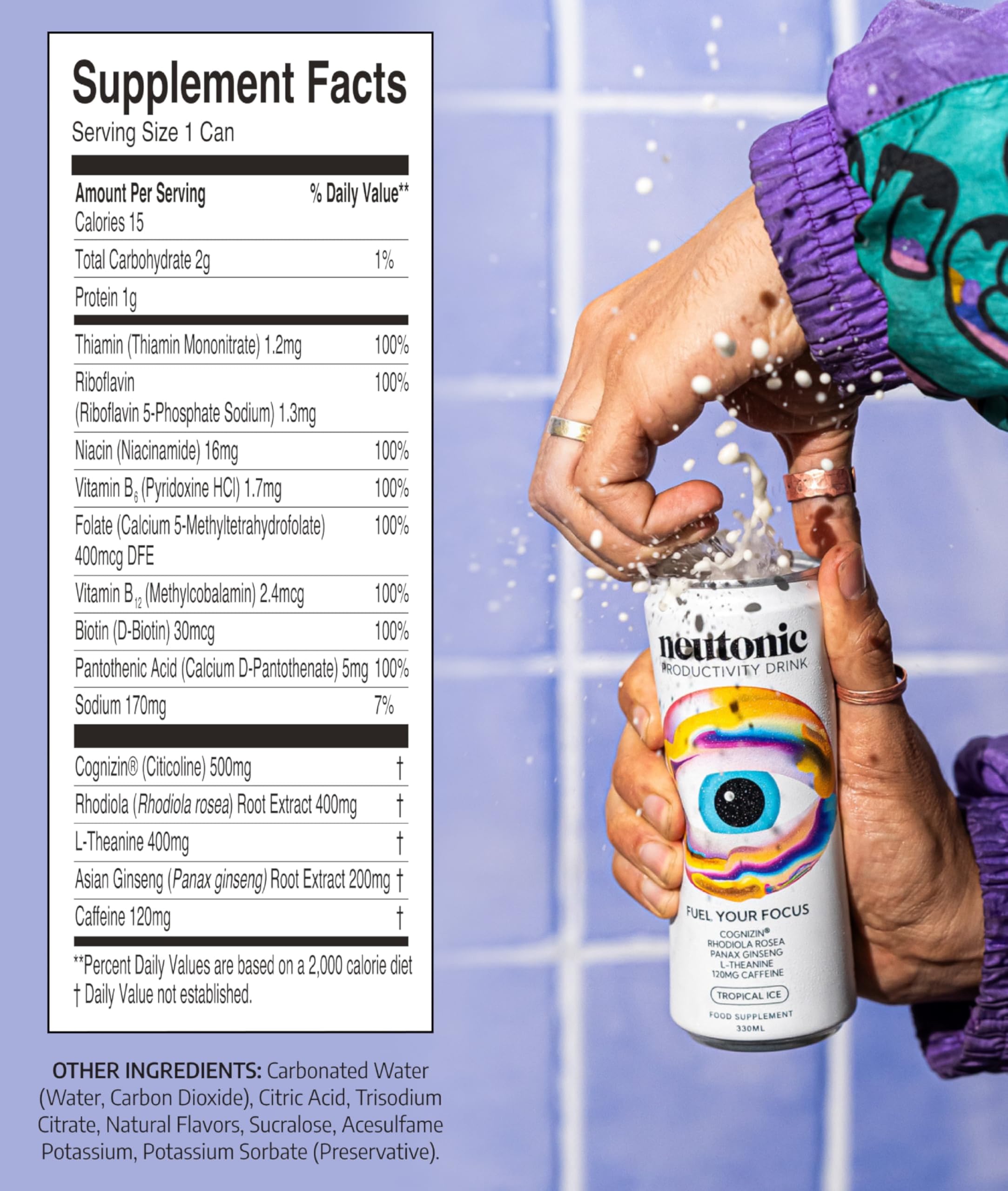 Neutonic ingredients display with rhodiola and l-theanine showing cognitive support benefit