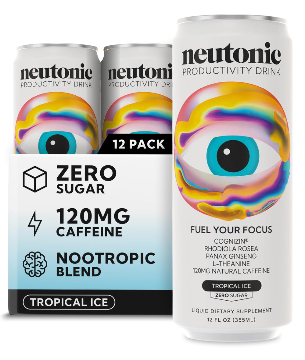Neutonic Tropical Ice front packaging showing sleek can and branding benefit clarity