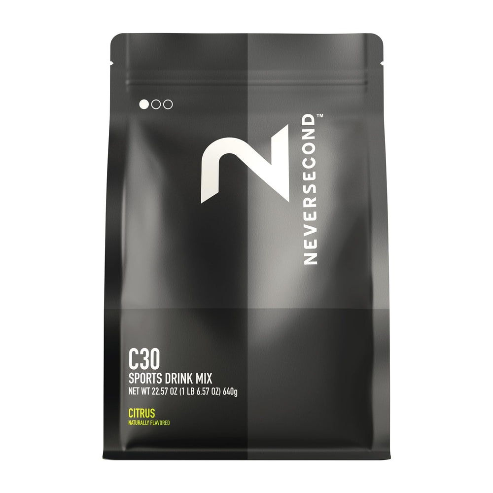 NeverSecond C30 front packaging showing 20-serving canister for easy race fueling