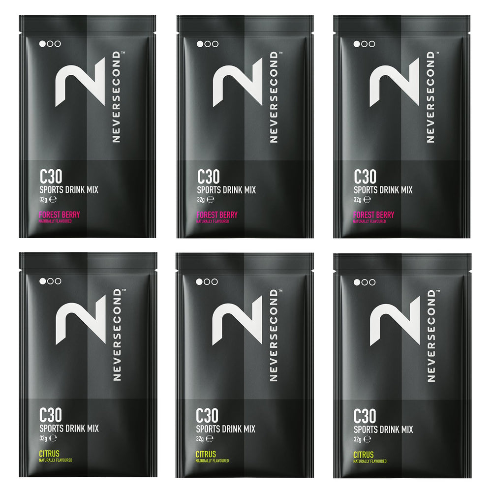 NeverSecond front packaging showing six sachets and flavors, clear travel-ready fuel