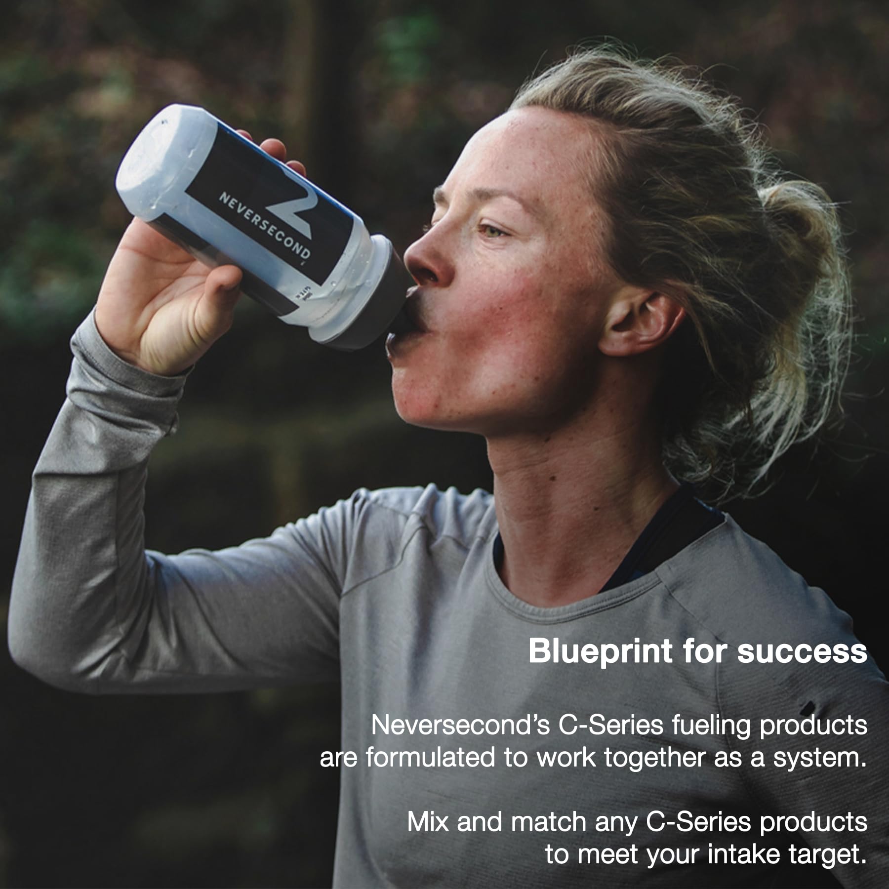 NeverSecond sachet being used on a trail run, easy on-the-go fueling and hydration