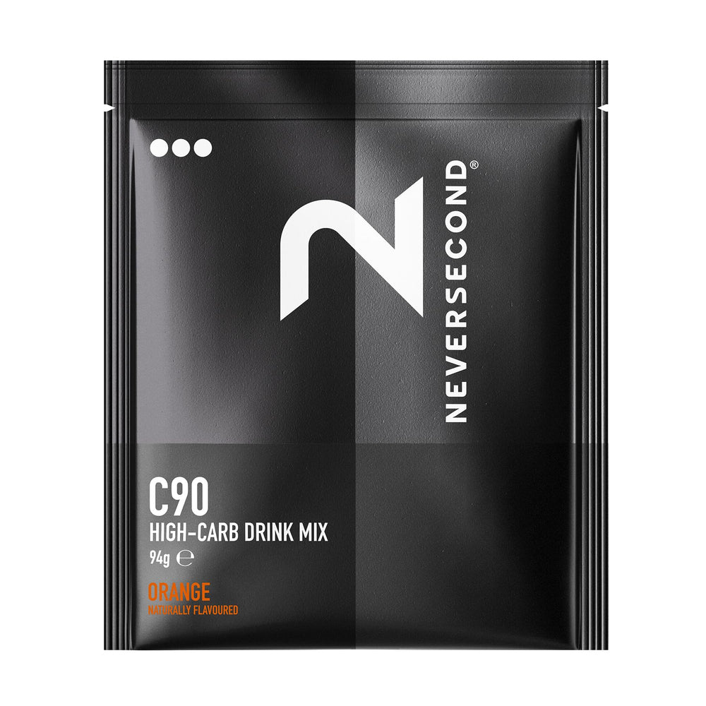 NeverSecond C90 front packaging showing orange sachets and clear serving info for quick identification