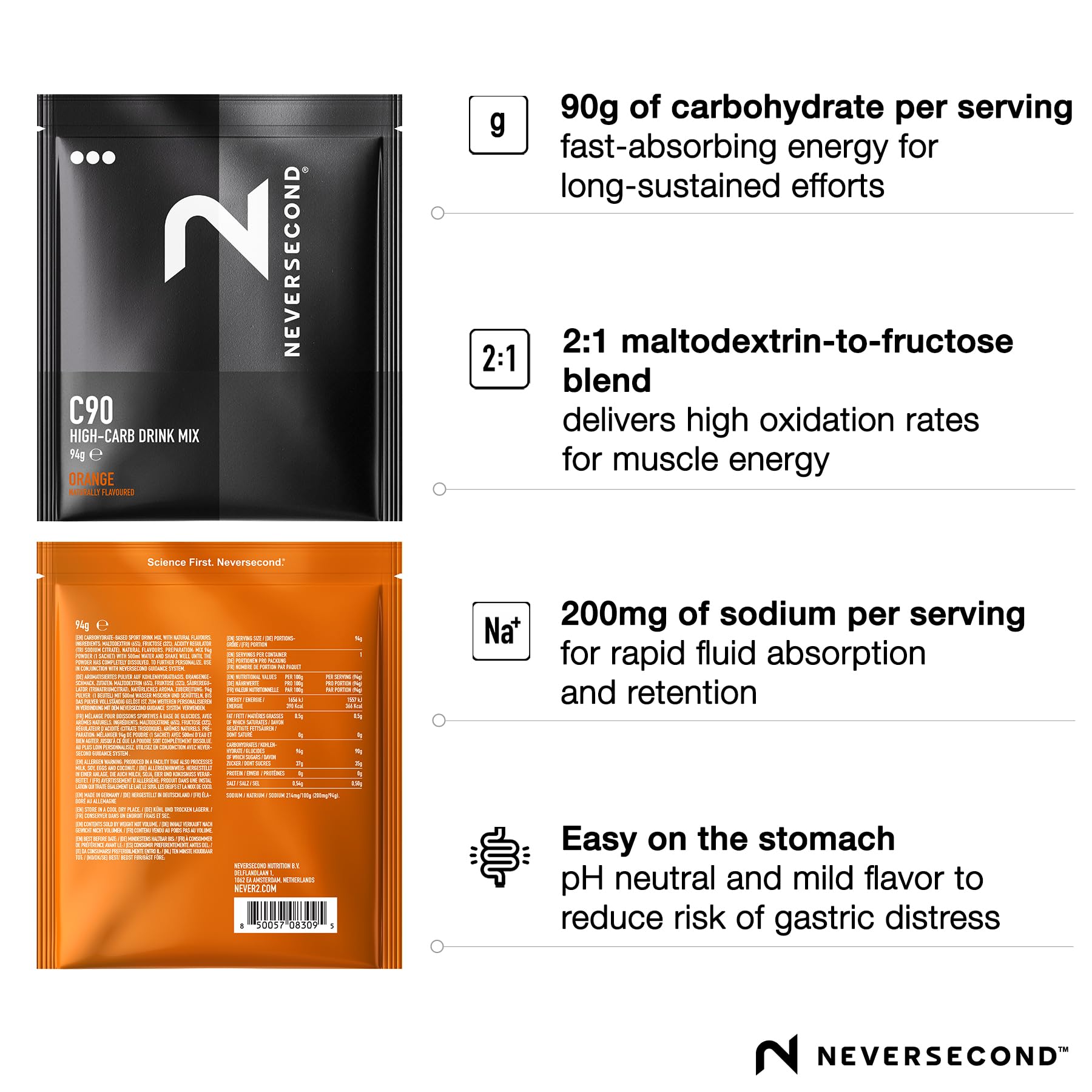 NeverSecond C90 sachet open showing powder texture and ease of dissolving for gentle digestion