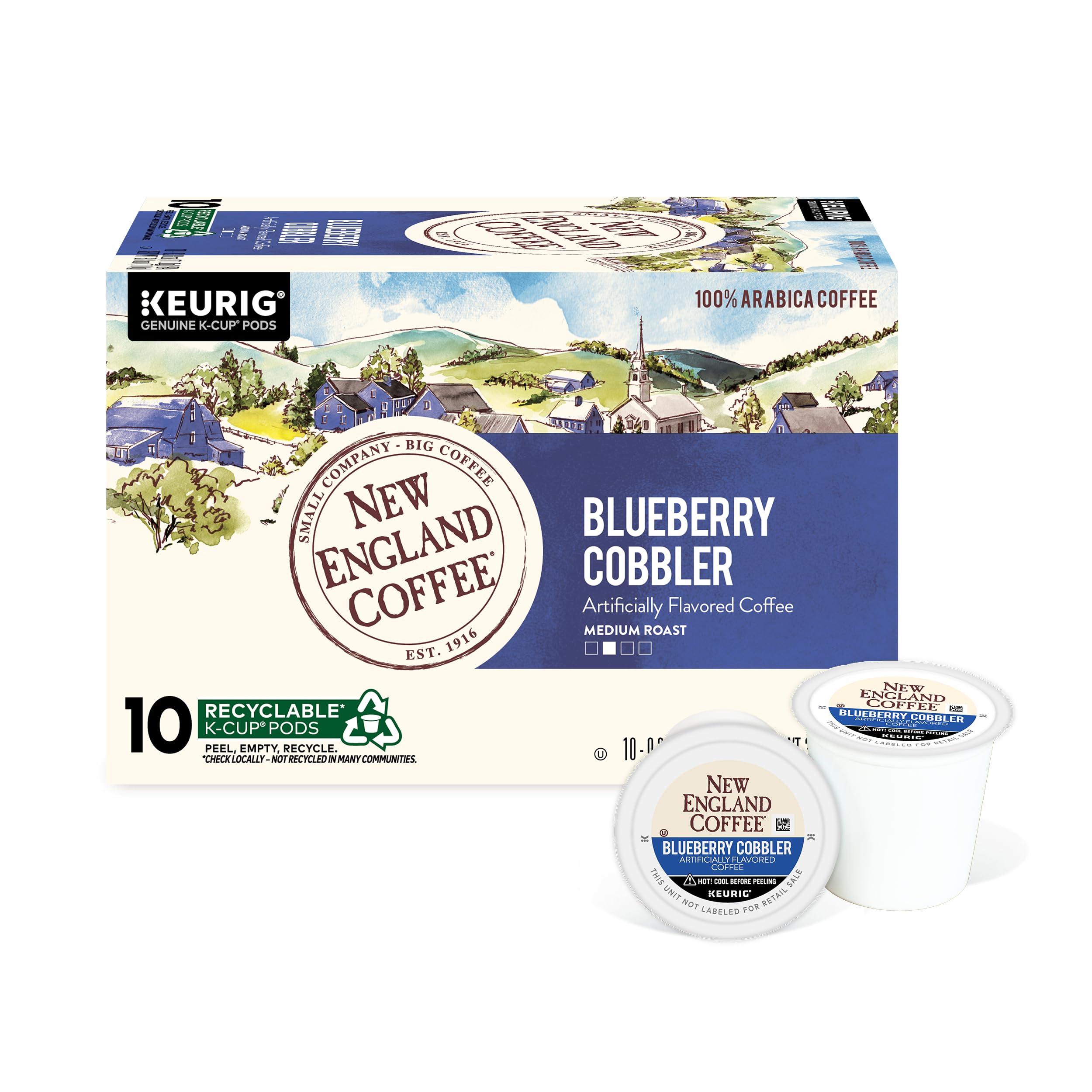 New England Coffee front packaging showing blueberry cobbler pods and benefits