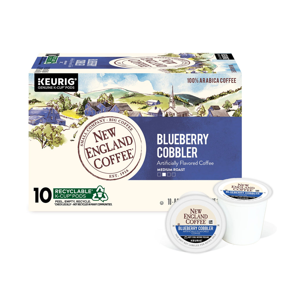 New England Coffee front packaging showing blueberry cobbler pods and benefits