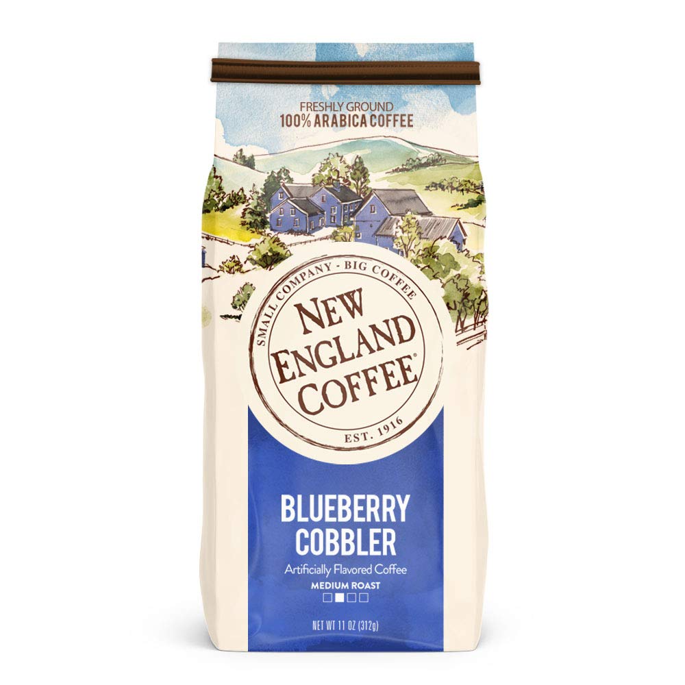 New England Coffee bag front packaging showing blueberry cobbler flavor benefit clarity