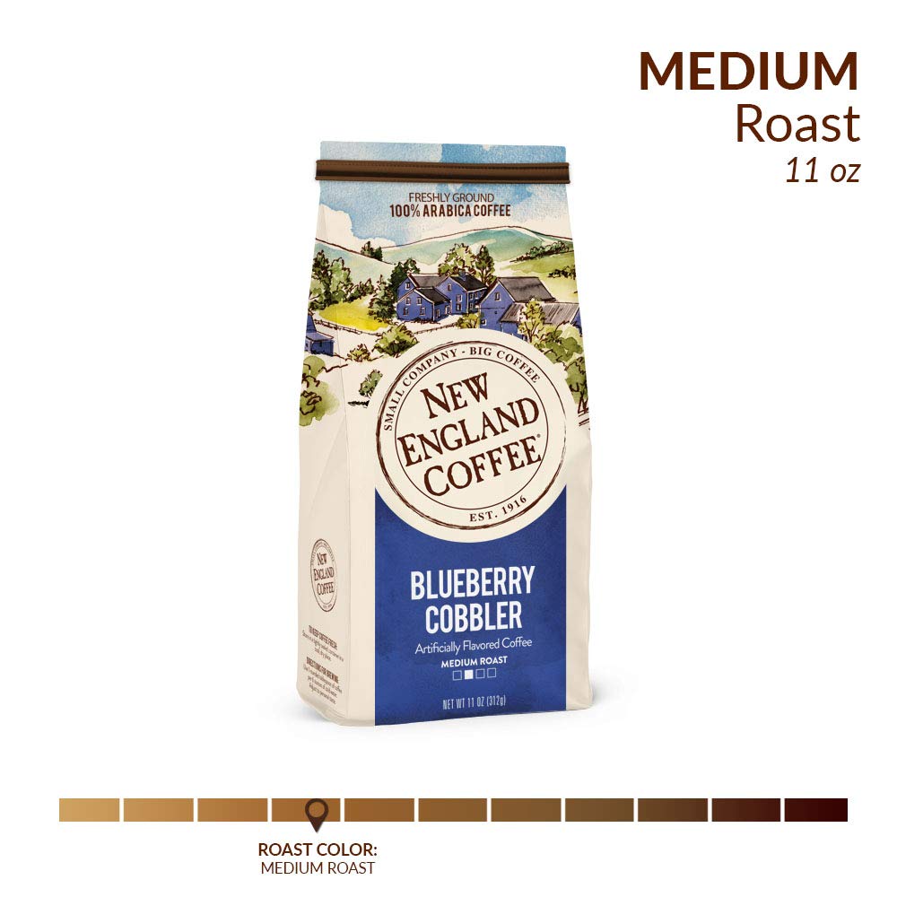 New England Coffee ground coffee texture showing fine grounds and aromatic blueberry benefit