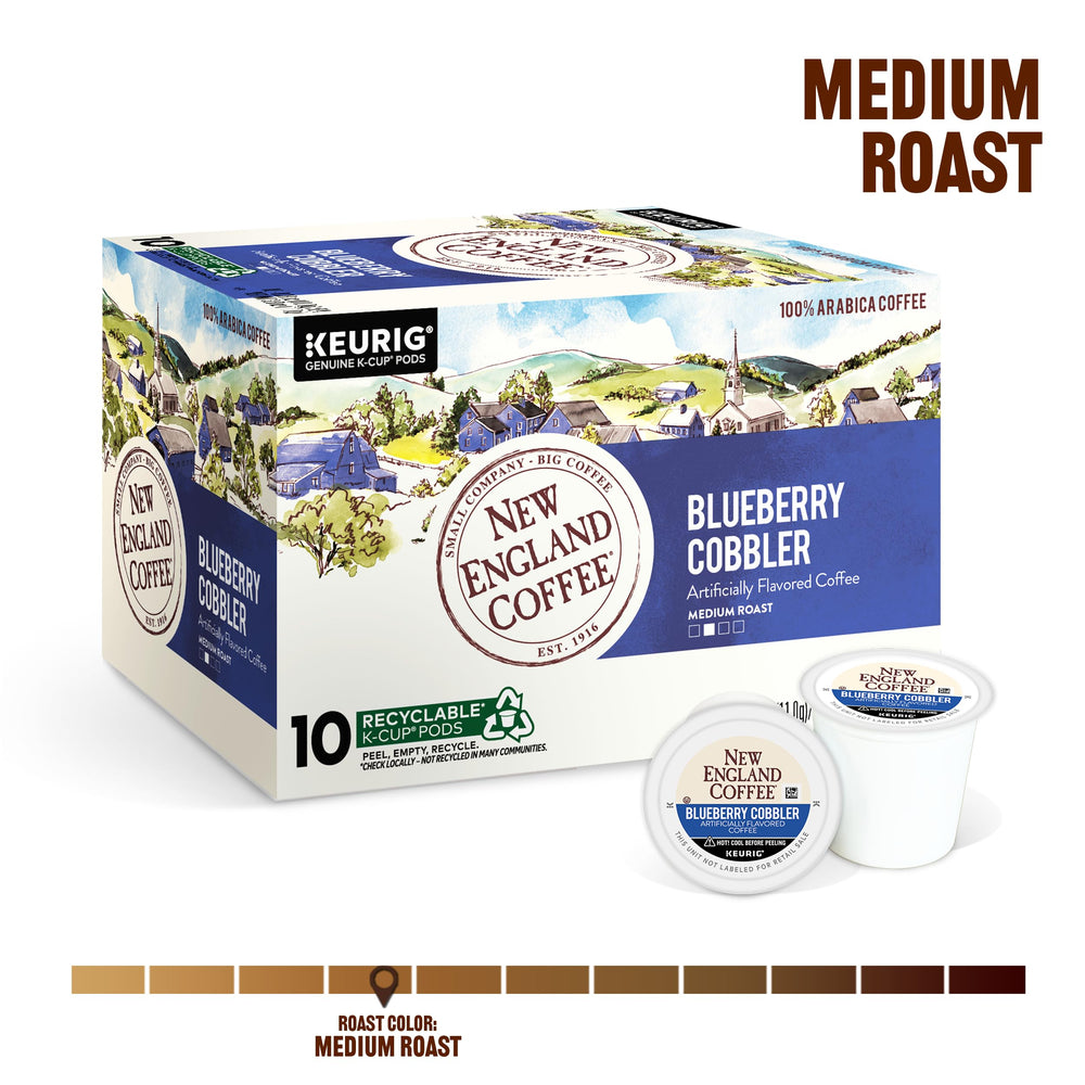 New England Coffee single-serve pod close-up illustrating compostable pod benefit