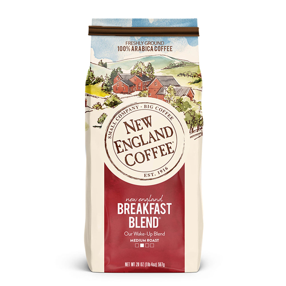 New England Coffee front packaging showing 20oz bag and brand benefit consistency