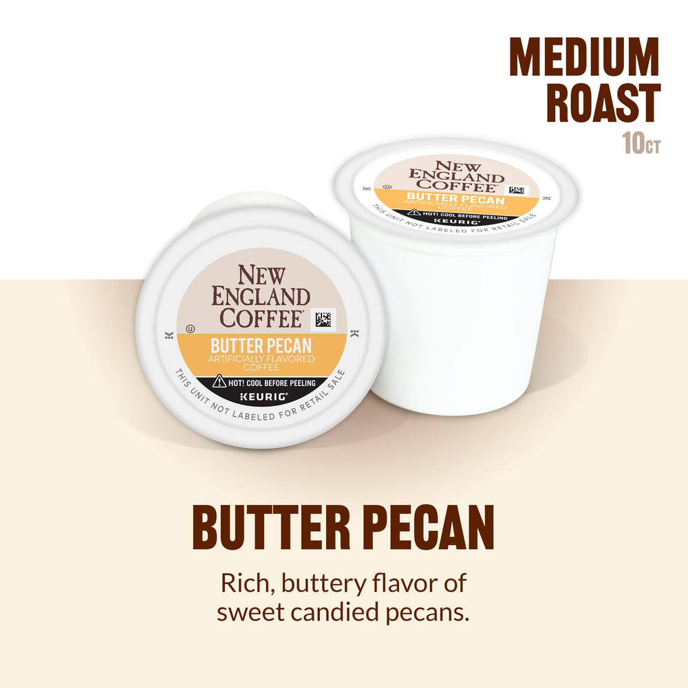 New England Coffee brewed cup in kitchen lifestyle showing creamy butter pecan aroma