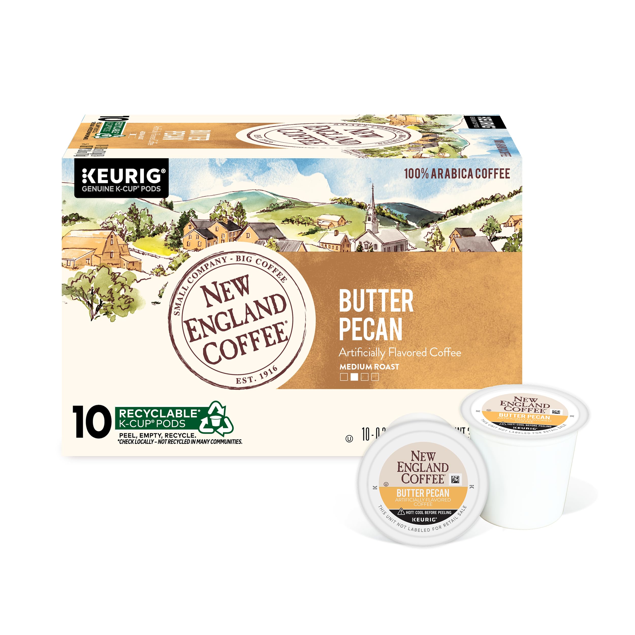 New England Coffee front packaging showing butter pecan pods and flavor benefits