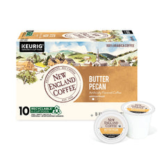 New England Coffee front packaging showing butter pecan pods and flavor benefits