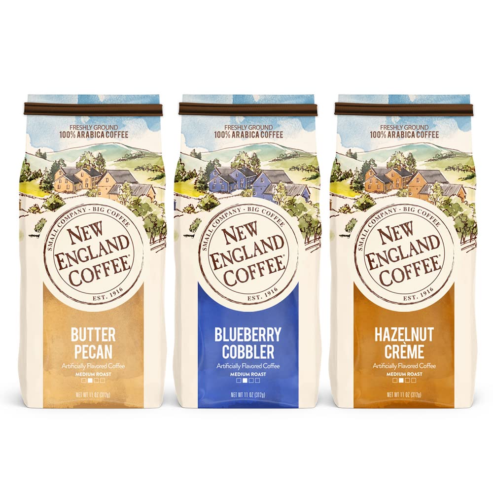 New England Coffee Butter Pecan front packaging showing rich buttery flavor benefits