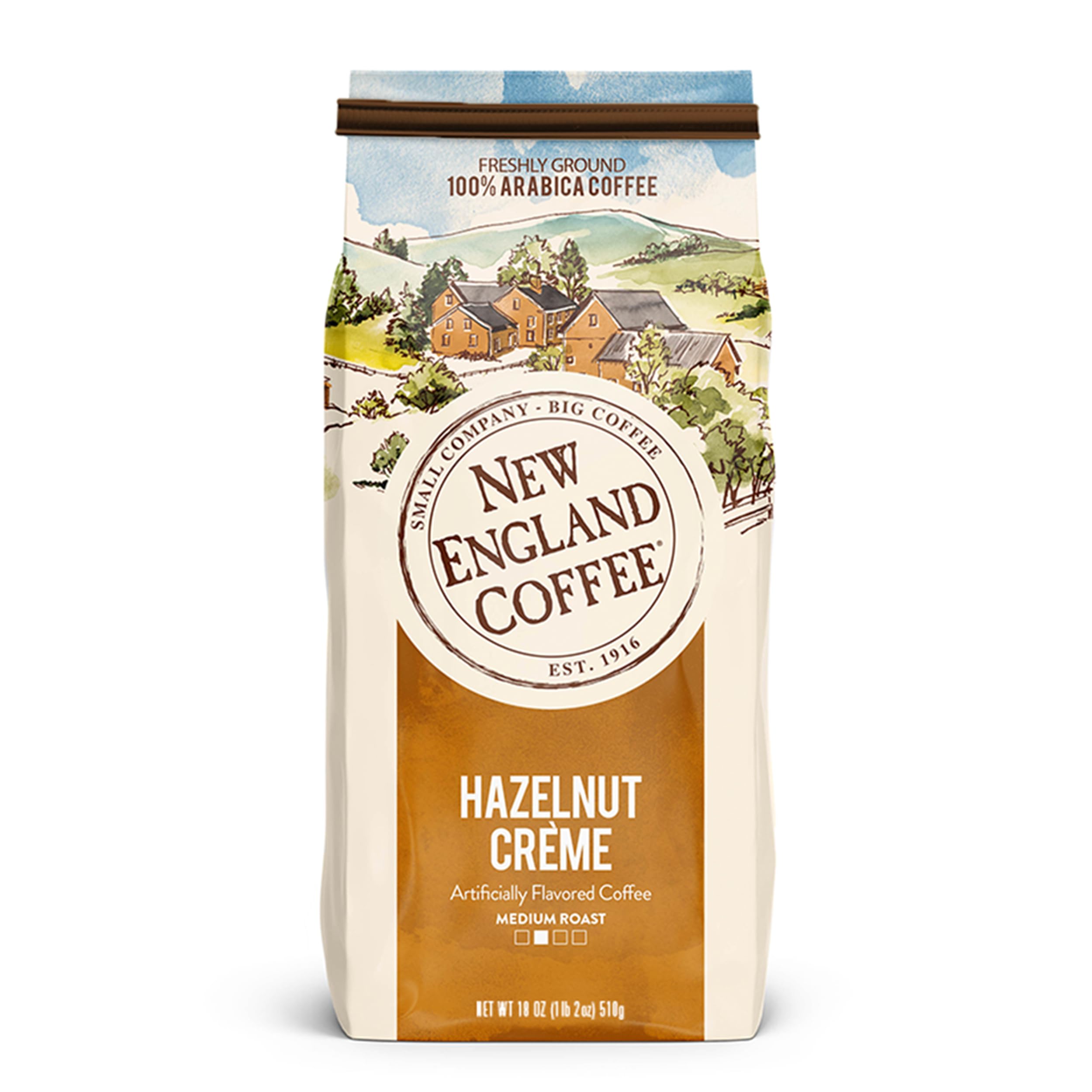 New England Coffee front bag showing hazelnut crème label and net weight, showcases flavor
