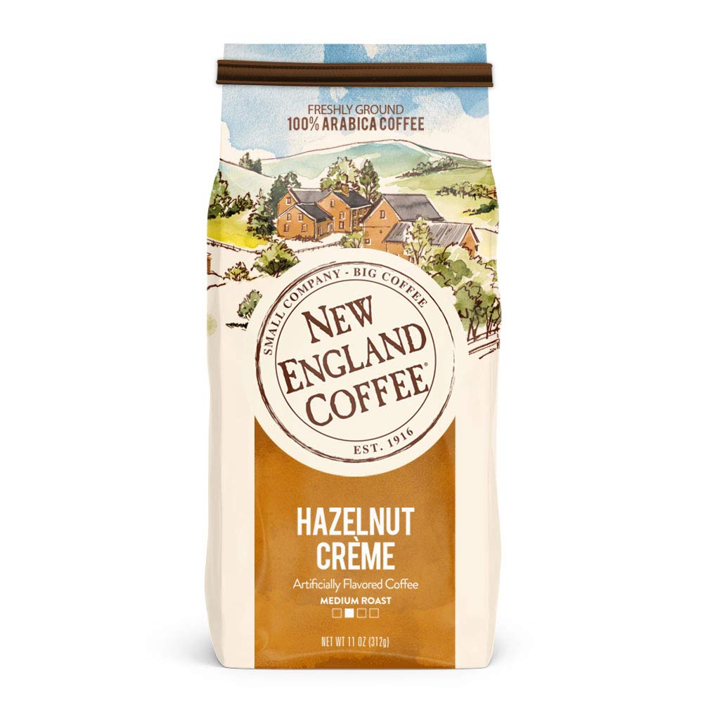 New England Coffee front can showing Hazelnut Crème branding and inviting aroma