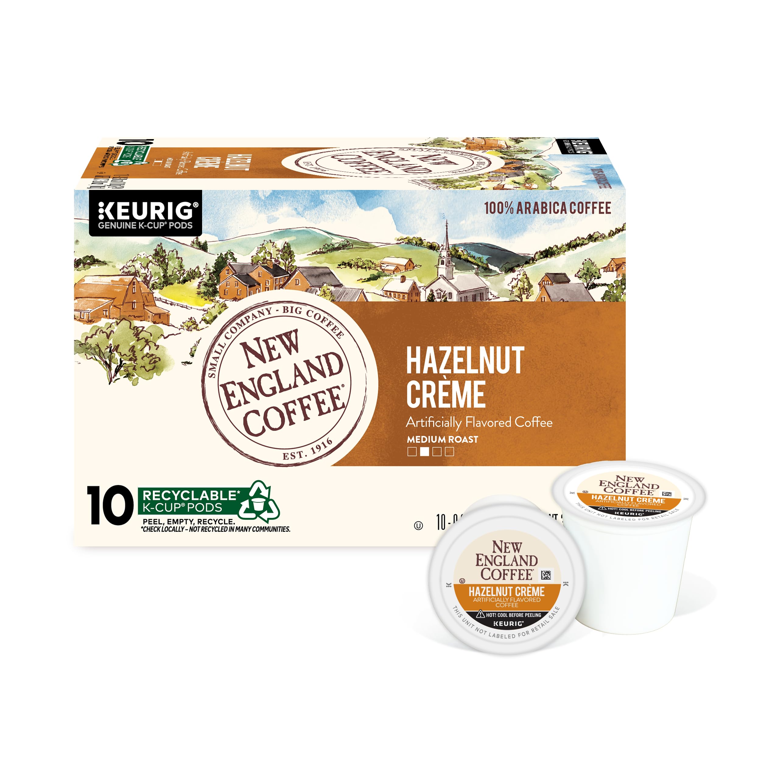 New England Coffee front packaging showing hazelnut crème flavor and convenience