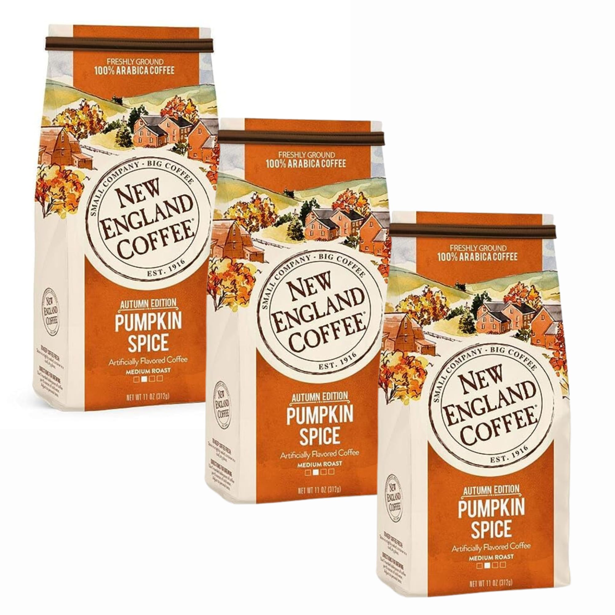 New England Coffee front packaging showing 11oz bags and seasonal appeal