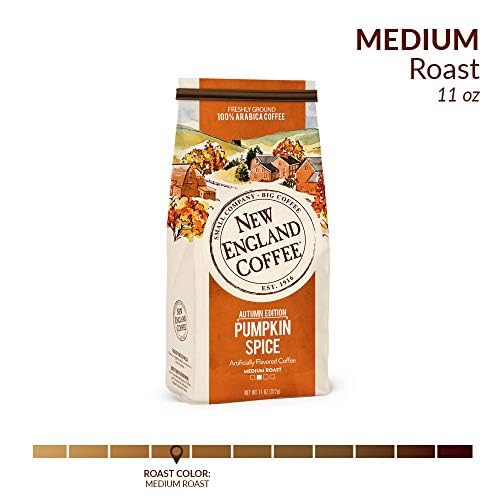 New England Coffee 11oz bag beside a measuring spoon showing single-bag portion
