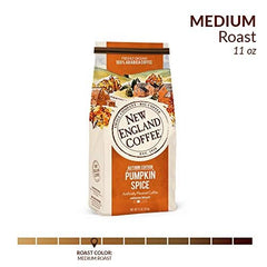 New England Coffee 11oz bag beside a measuring spoon showing single-bag portion