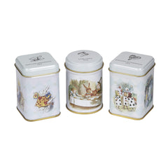 New English Teas front view of three Alice in Wonderland tins, ideal for gifting
