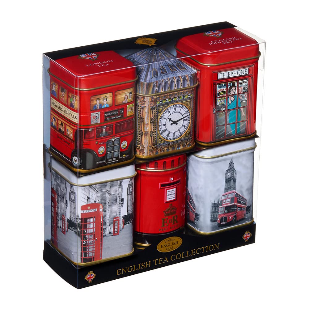 New English Teas front packaging showing six London-themed mini tins and gift appeal