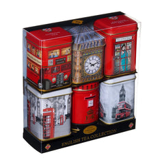 New English Teas front packaging showing six London-themed mini tins and gift appeal